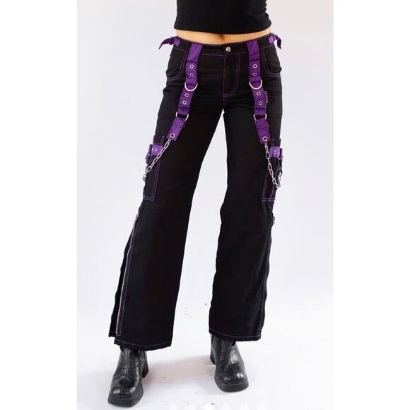 Tripp NYC Women's Y2K Streetwear Rave Bondage Black Purple Cargo Jeans Chains 5 - Picture 1 of 16
